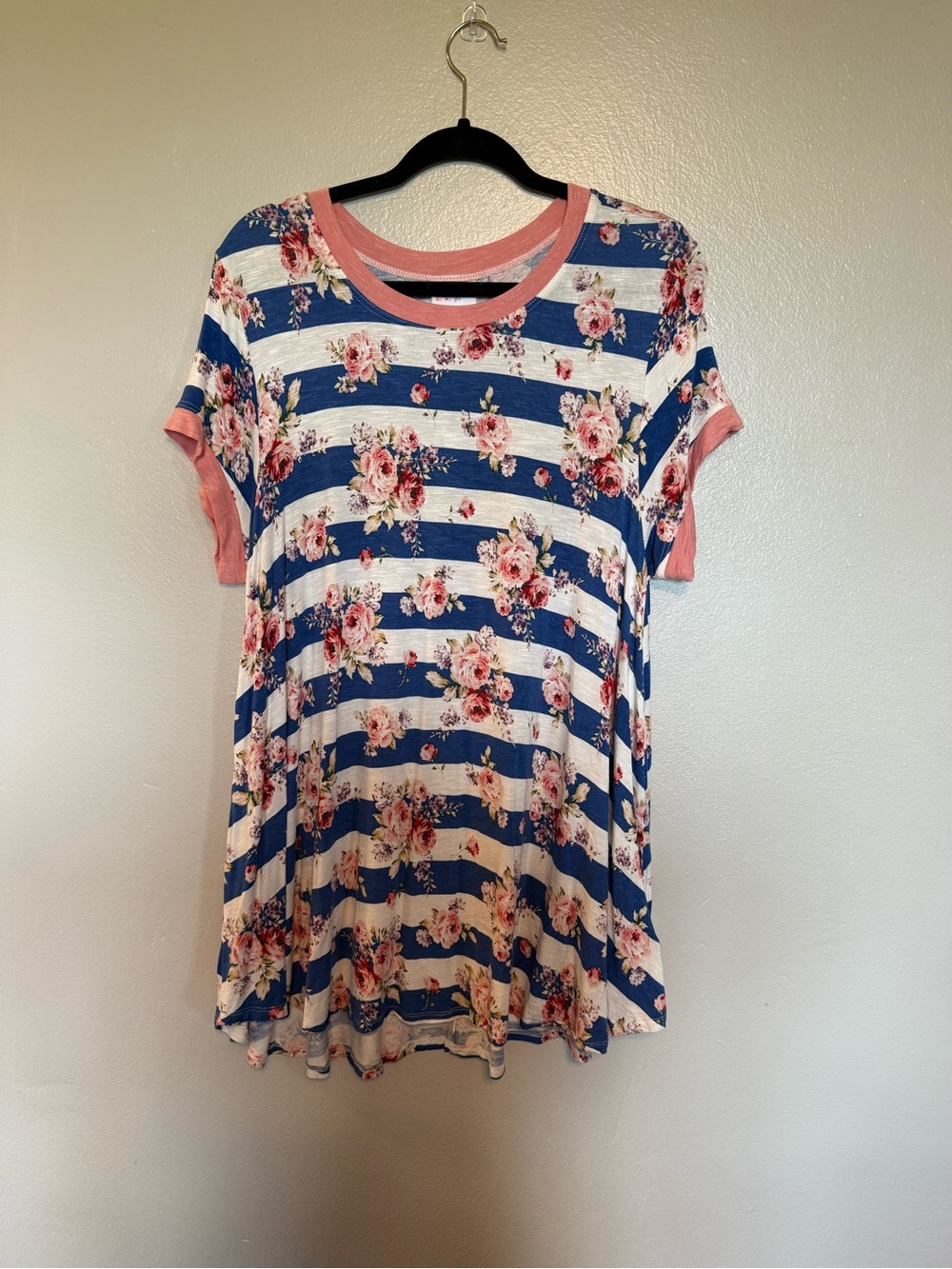 LuLaRoe Blue & White Striped Floral Short Sleeve Top with Pink Trim